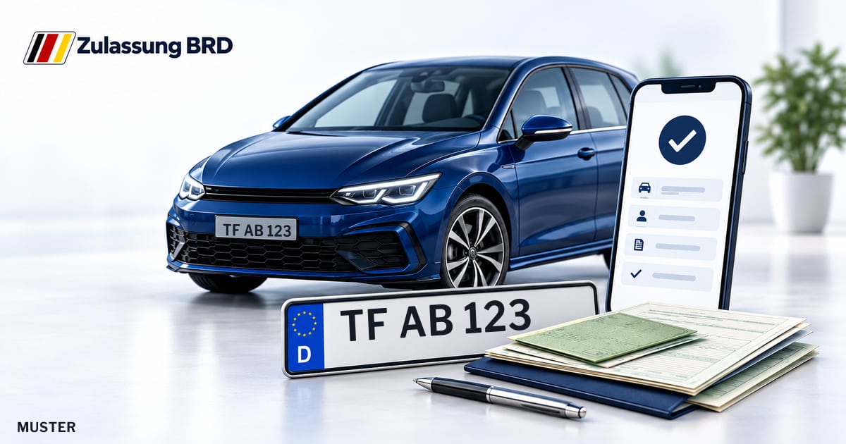 Online Fahrzeugzulassung in Jüterbog: Musterkennzeichen TF AB 123, Auto und Fahrzeugpapiere und Smartphone. Illustration mit Logo von Zulassung BRD.